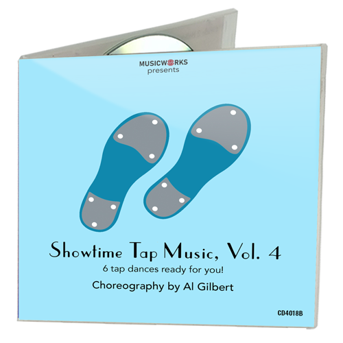 MusicWorks Showtime Tap Music, Vol. 4 CD cover featuring stylized pink tap shoes on a soft pink background with choreography by Al Gilbert.