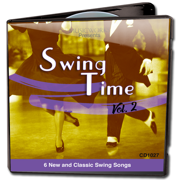 MusicWorks Swing Time Vol. 2 CD cover featuring a gold-toned image of swing dancers in motion with purple accents and the subtitle 6 New and Classic Swing Songs.