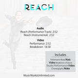 Reach by Darryl Retter back cover listing performance and instrumental music, choreography videos, and notes.